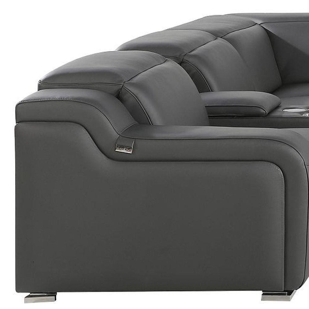 Dark Gray Italian Leather Power Reclining L Shaped Eight Piece Corner Sectional With Console HomeRoots