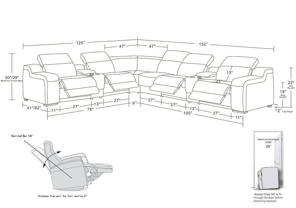 Gray Italian Leather Power Reclining Curved Eight Piece Corner Sectional With Console HomeRoots