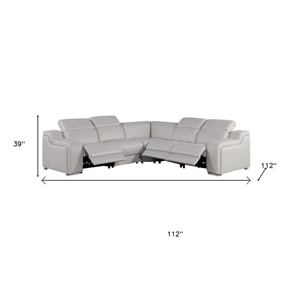 Light Gray Italian Leather Power Reclining L Shaped Five Piece Corner Sectional HomeRoots