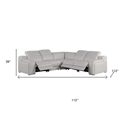 Light Gray Italian Leather Power Reclining L Shaped Five Piece Corner Sectional HomeRoots