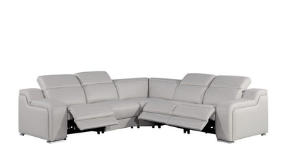 Light Gray Italian Leather Power Reclining L Shaped Five Piece Corner Sectional HomeRoots