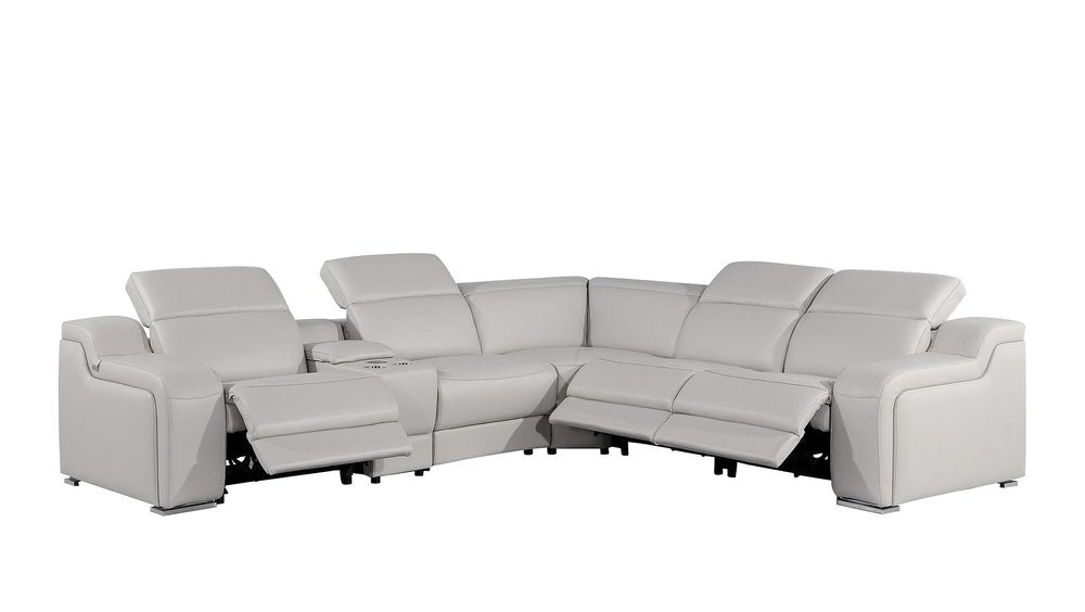 Light Gray Italian Leather Power Reclining L Shaped Six Piece Corner Sectional With Console HomeRoots