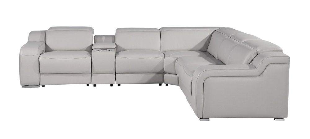 Light Gray Italian Leather Power Reclining L Shaped Six Piece Corner Sectional With Console HomeRoots