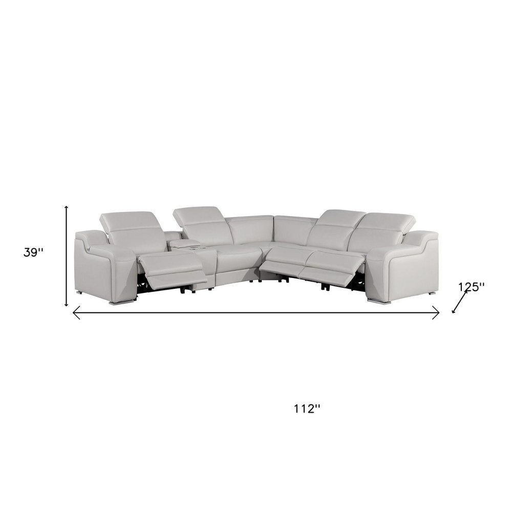 Light Gray Italian Leather Power Reclining L Shaped Six Piece Corner Sectional With Console HomeRoots