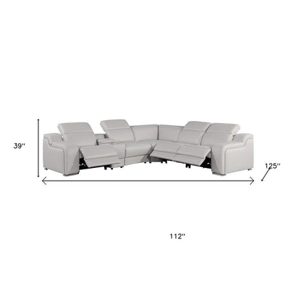 Light Gray Italian Leather Power Reclining L Shaped Six Piece Corner Sectional With Console HomeRoots
