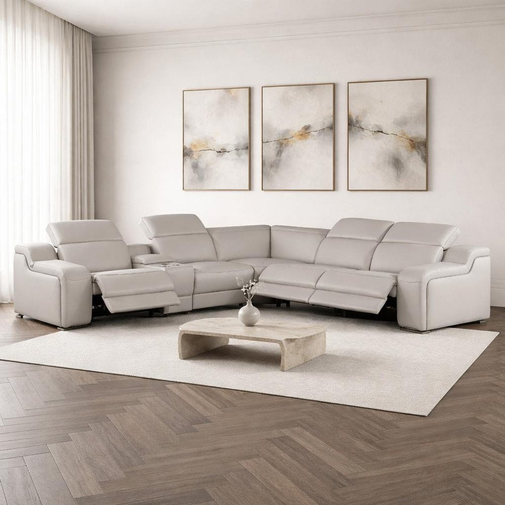 Light Gray Italian Leather Power Reclining L Shaped Six Piece Corner Sectional With Console HomeRoots