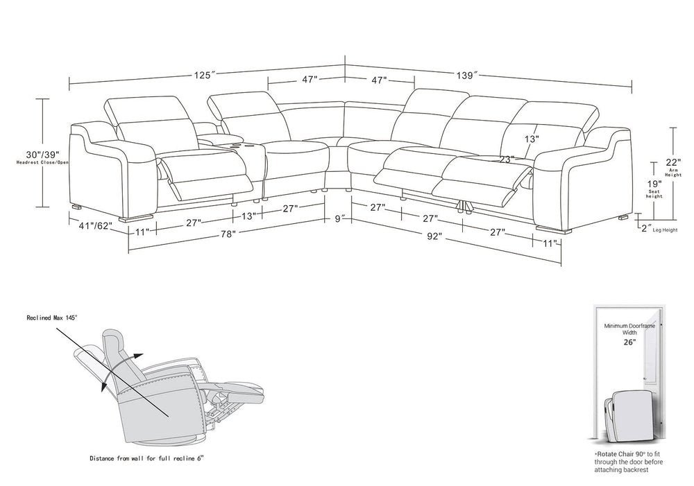 Light Gray Italian Leather Power Reclining Curved Seven Piece Corner Sectional With Console HomeRoots