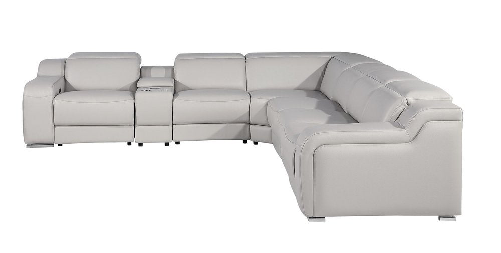 Light Gray Italian Leather Power Reclining L Shaped Seven Piece Corner Sectional With Console HomeRoots