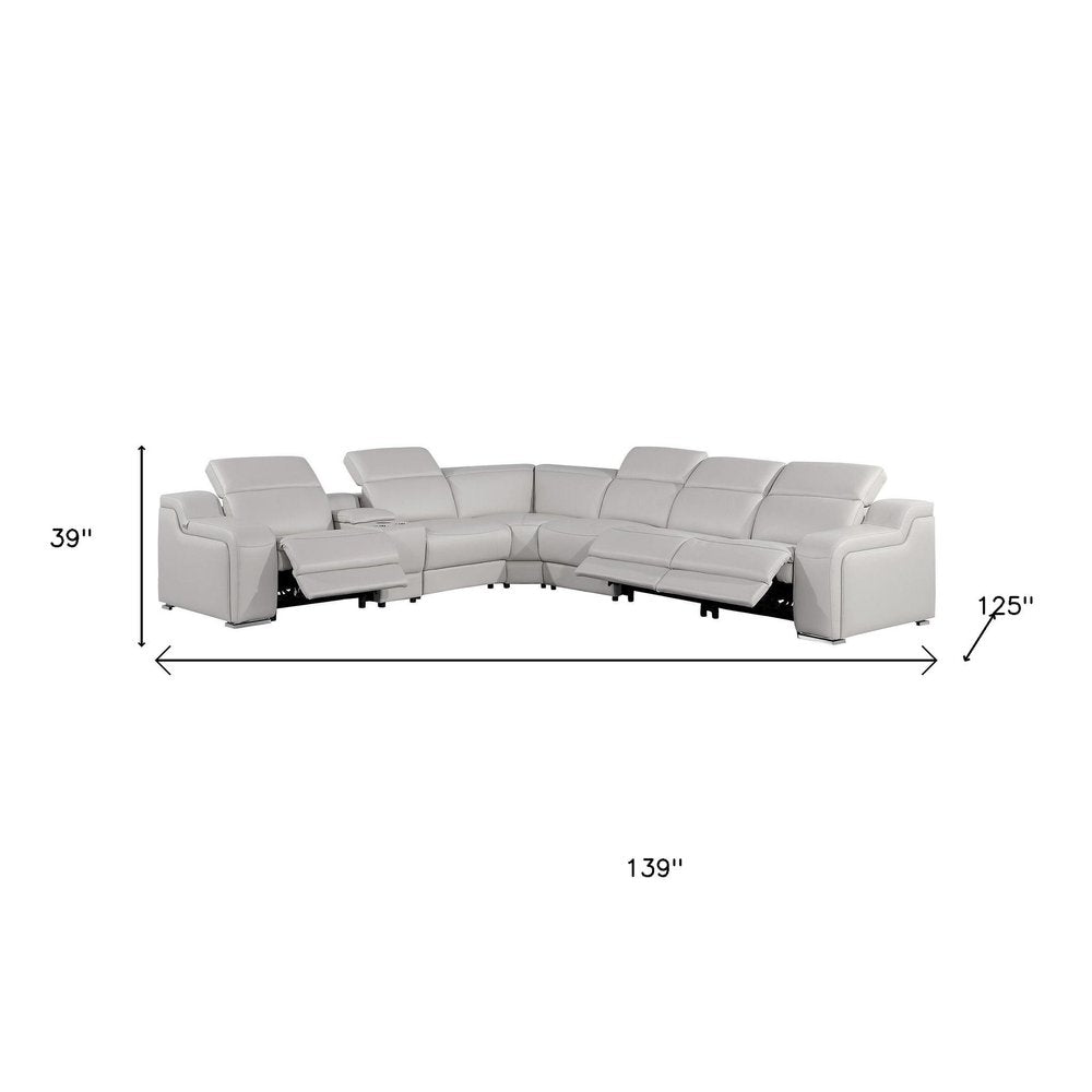 Light Gray Italian Leather Power Reclining L Shaped Seven Piece Corner Sectional With Console HomeRoots
