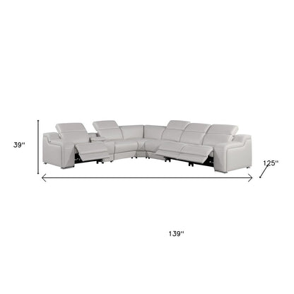 Light Gray Italian Leather Power Reclining L Shaped Seven Piece Corner Sectional With Console HomeRoots