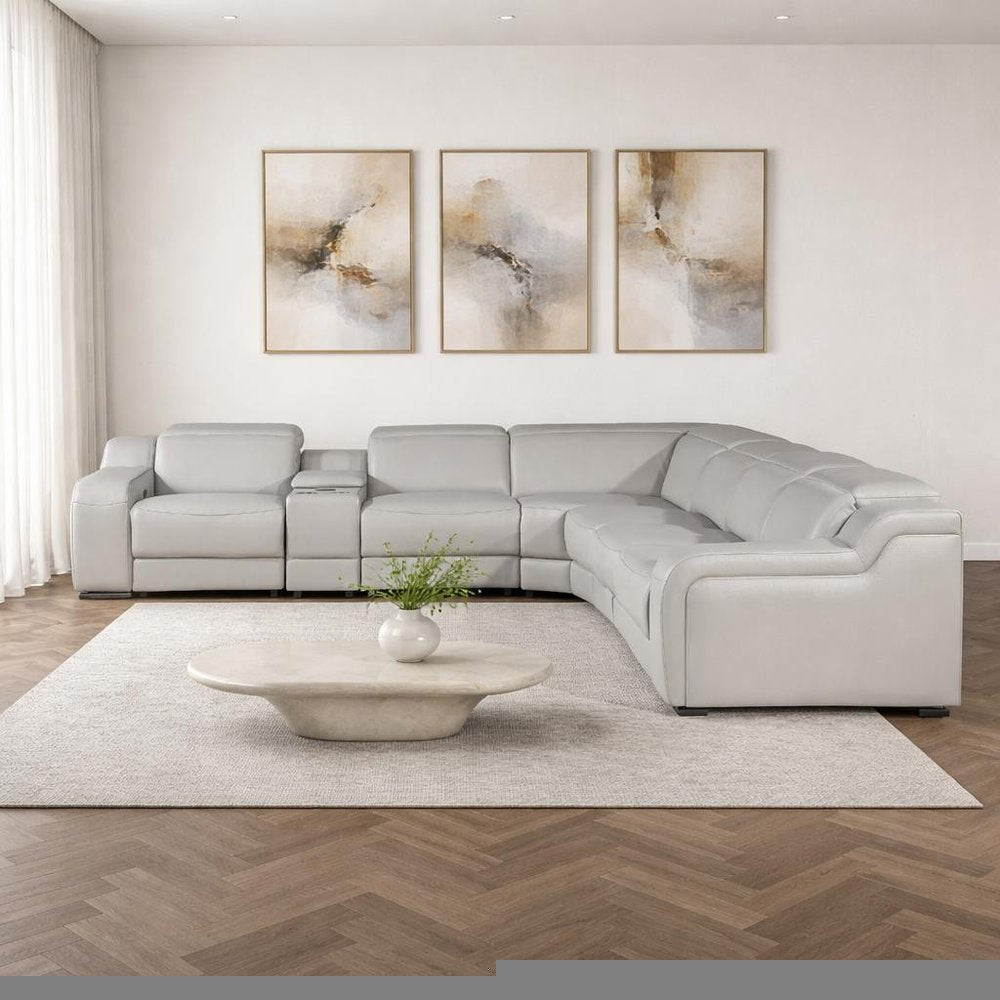 Light Gray Italian Leather Power Reclining Curved Seven Piece Corner Sectional With Console HomeRoots