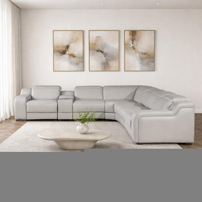 Light Gray Italian Leather Power Reclining Curved Seven Piece Corner Sectional With Console HomeRoots