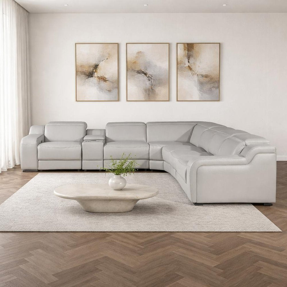 Light Gray Italian Leather Power Reclining L Shaped Seven Piece Corner Sectional With Console HomeRoots