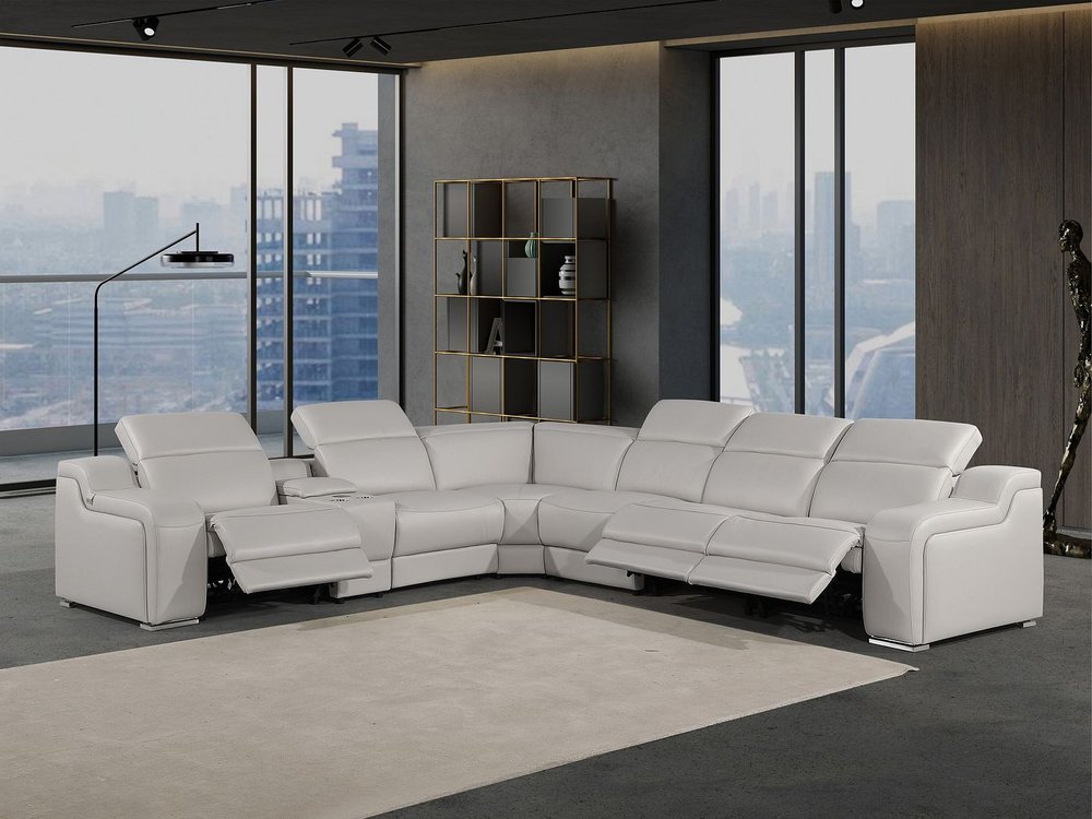 Light Gray Italian Leather Power Reclining Curved Seven Piece Corner Sectional With Console HomeRoots