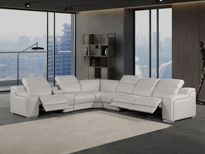 Light Gray Italian Leather Power Reclining Curved Seven Piece Corner Sectional With Console HomeRoots