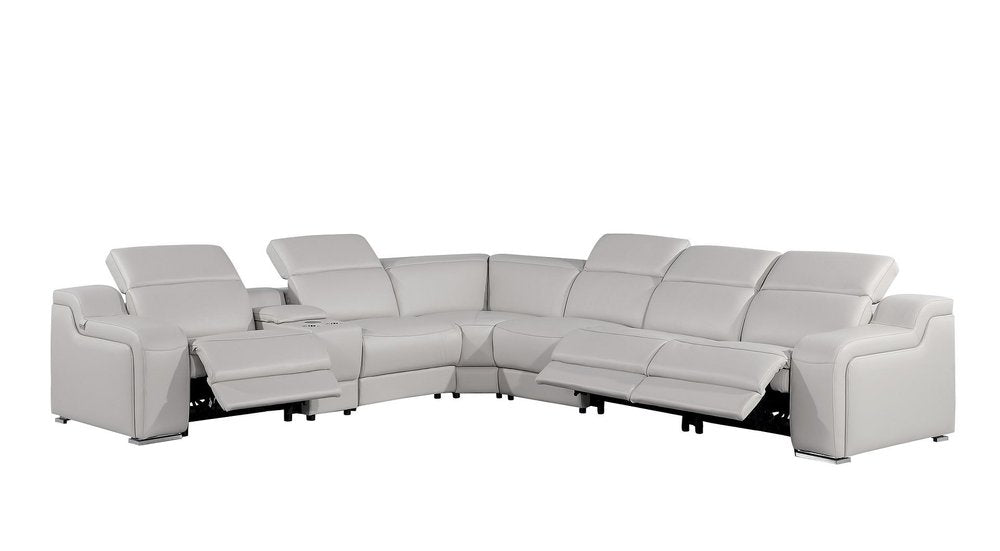 Light Gray Italian Leather Power Reclining L Shaped Seven Piece Corner Sectional With Console HomeRoots
