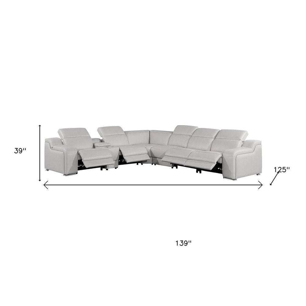 Light Gray Italian Leather Power Reclining L Shaped Seven Piece Corner Sectional With Console HomeRoots