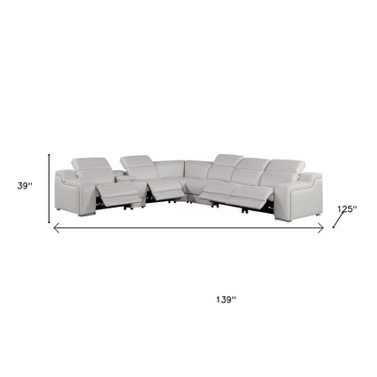 Light Gray Italian Leather Power Reclining L Shaped Seven Piece Corner Sectional With Console HomeRoots