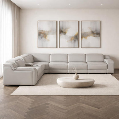 Light Gray Italian Leather Power Reclining L Shaped Seven Piece Corner Sectional With Console HomeRoots