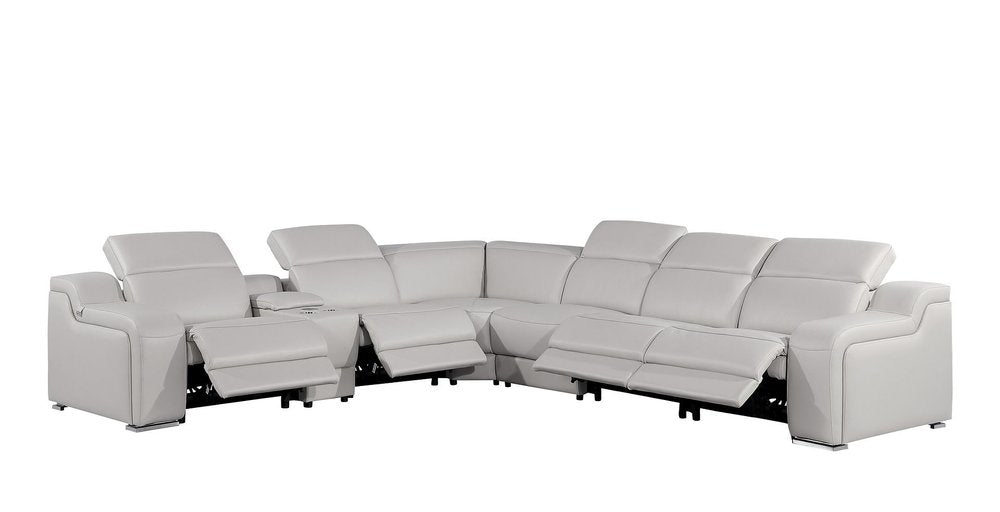 Light Gray Italian Leather Power Reclining L Shaped Seven Piece Corner Sectional With Console HomeRoots