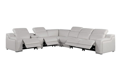 Light Gray Italian Leather Power Reclining L Shaped Seven Piece Corner Sectional With Console HomeRoots