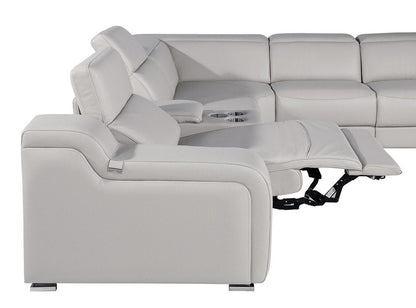 Light Gray Italian Leather Power Reclining L Shaped Eight Piece Corner Sectional With Console HomeRoots