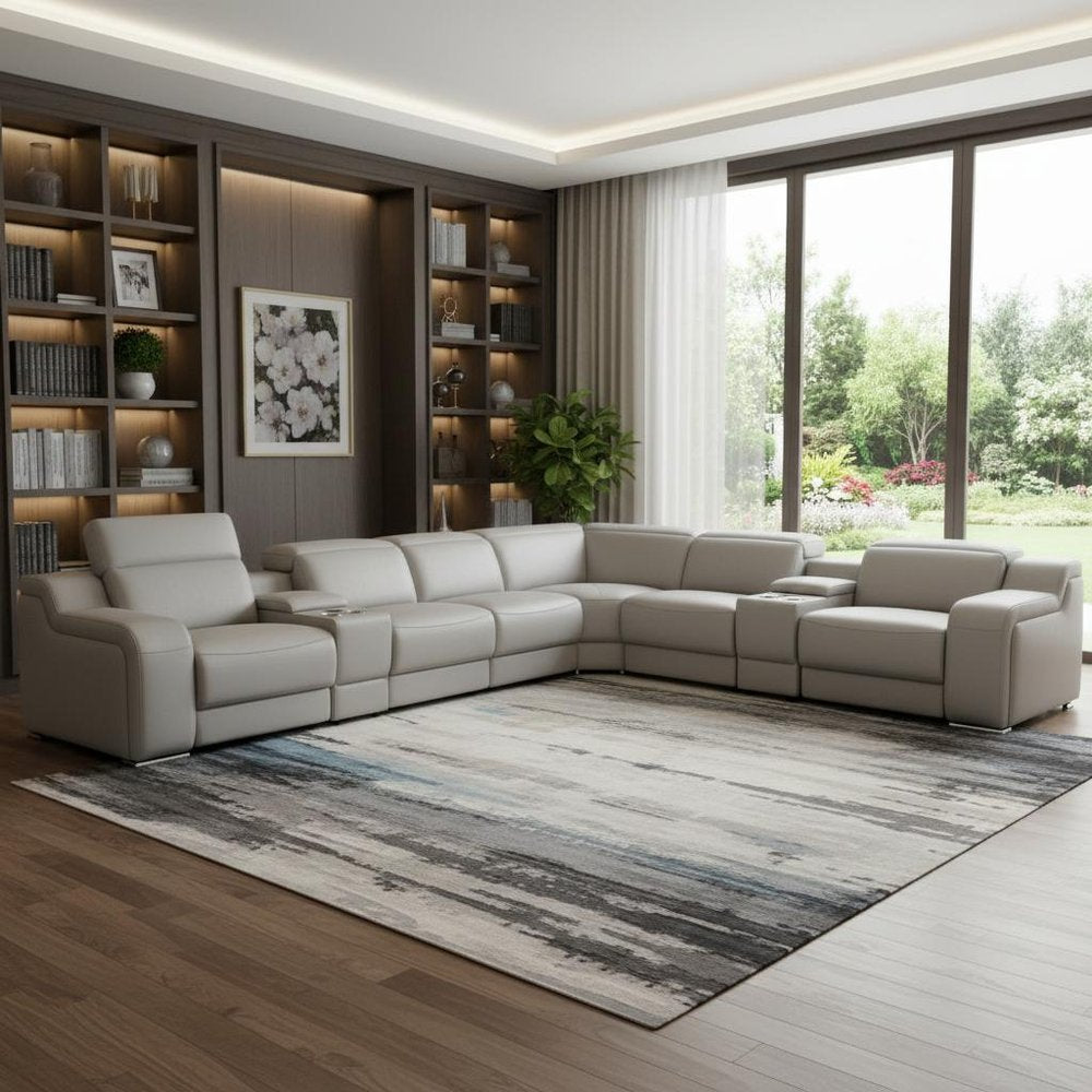Light Gray Italian Leather Power Reclining L Shaped Eight Piece Corner Sectional With Console HomeRoots