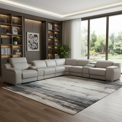 Light Gray Italian Leather Power Reclining L Shaped Eight Piece Corner Sectional With Console HomeRoots