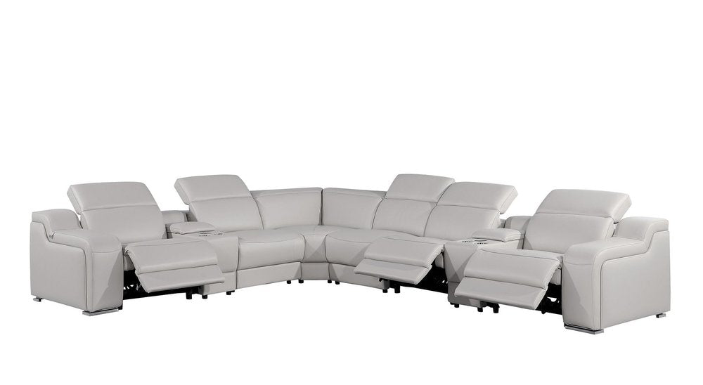 Light Gray Italian Leather Power Reclining L Shaped Eight Piece Corner Sectional With Console HomeRoots