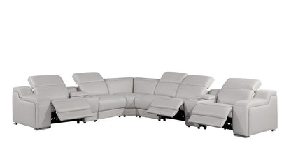 Light Gray Italian Leather Power Reclining L Shaped Eight Piece Corner Sectional With Console HomeRoots