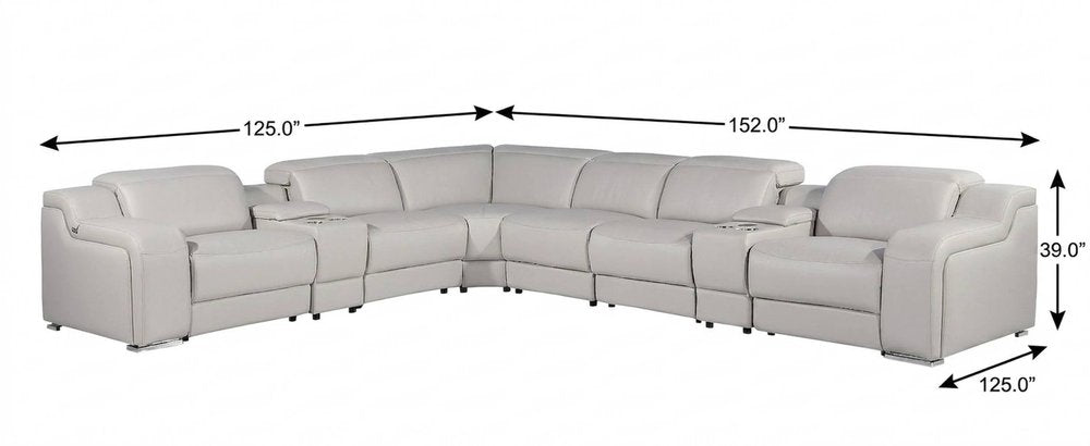 Light Gray Italian Leather Power Reclining L Shaped Eight Piece Corner Sectional With Console HomeRoots
