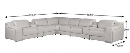 Light Gray Italian Leather Power Reclining L Shaped Eight Piece Corner Sectional With Console HomeRoots