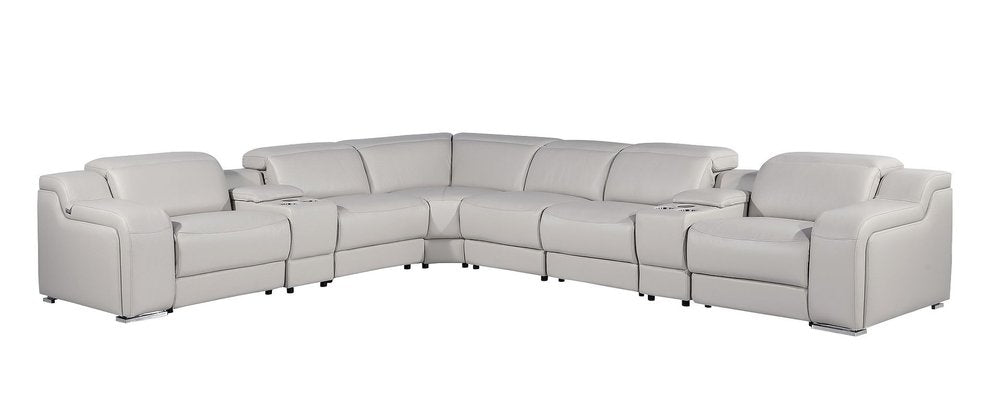Light Gray Italian Leather Power Reclining L Shaped Eight Piece Corner Sectional With Console HomeRoots