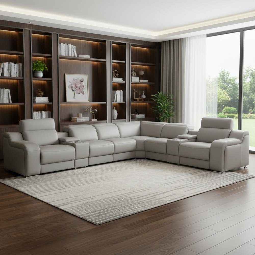 Light Gray Italian Leather Power Reclining L Shaped Eight Piece Corner Sectional With Console HomeRoots