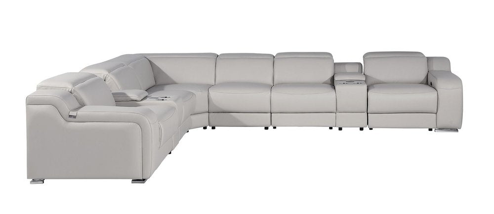 Light Gray Italian Leather Power Reclining L Shaped Eight Piece Corner Sectional With Console HomeRoots