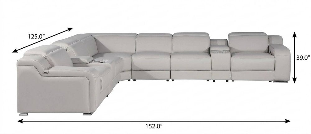 Light Gray Italian Leather Power Reclining L Shaped Eight Piece Corner Sectional With Console HomeRoots