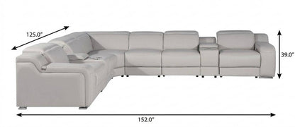 Light Gray Italian Leather Power Reclining L Shaped Eight Piece Corner Sectional With Console HomeRoots