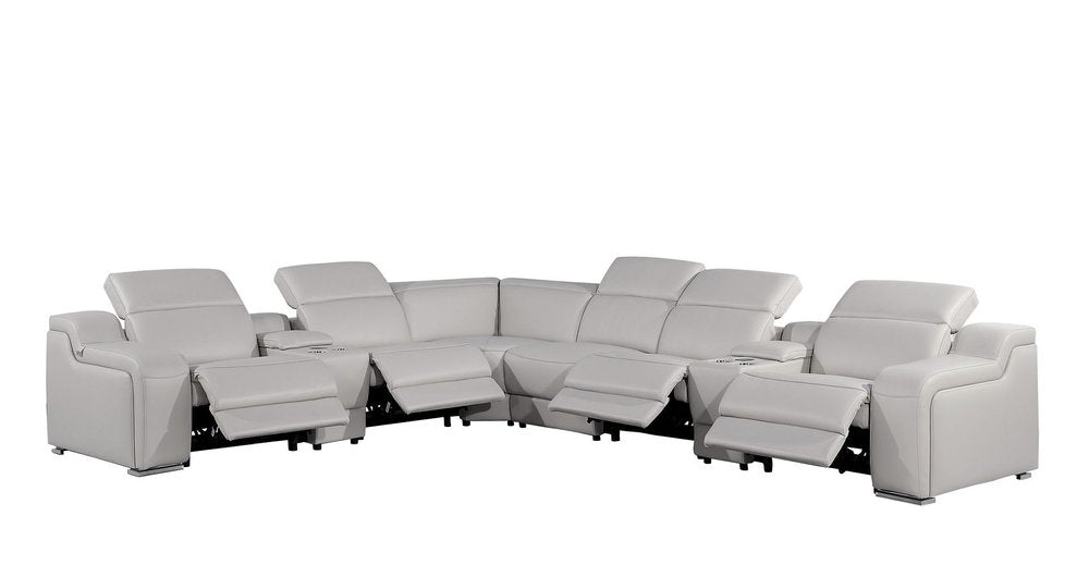 Light Gray Italian Leather Power Reclining L Shaped Eight Piece Corner Sectional With Console HomeRoots