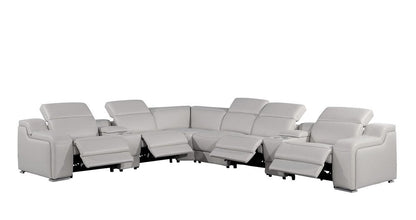Light Gray Italian Leather Power Reclining L Shaped Eight Piece Corner Sectional With Console HomeRoots