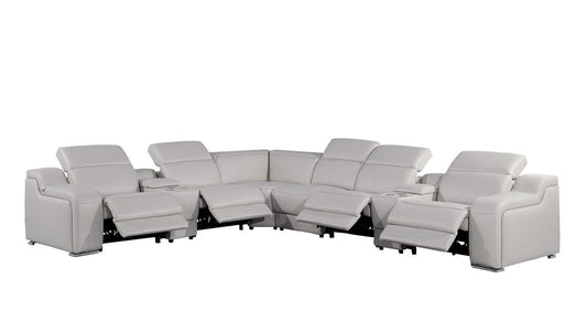 Light Gray Italian Leather Power Reclining L Shaped Eight Piece Corner Sectional With Console HomeRoots
