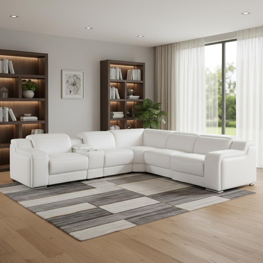 White Italian Leather Power Reclining L Shaped Six Piece Corner Sectional With Console HomeRoots