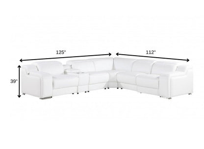 White Italian Leather Power Reclining L Shaped Six Piece Corner Sectional With Console HomeRoots
