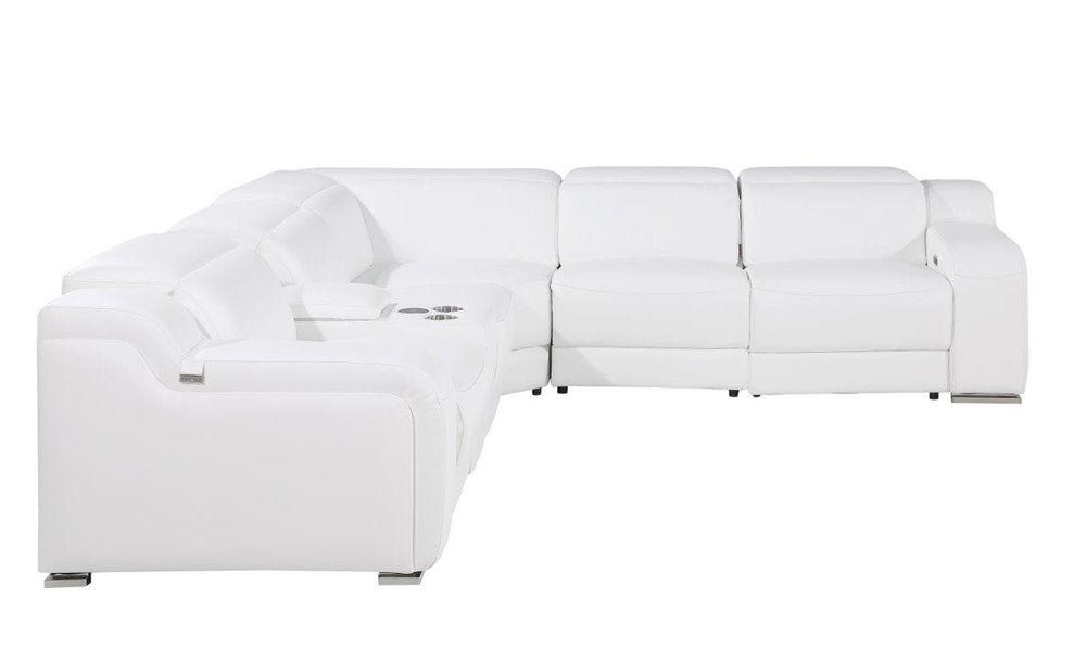 White Italian Leather Power Reclining L Shaped Six Piece Corner Sectional With Console HomeRoots