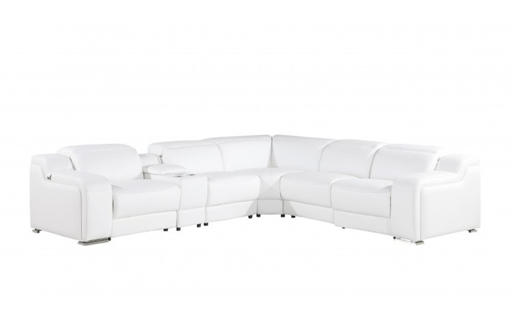 White Italian Leather Power Reclining L Shaped Six Piece Corner Sectional With Console HomeRoots