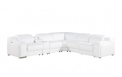 White Italian Leather Power Reclining L Shaped Six Piece Corner Sectional With Console HomeRoots
