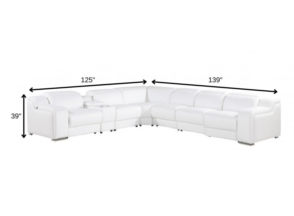 White Italian leather 3 power reclining seats L shaped Seven Piece Corner Sectional With Console HomeRoots