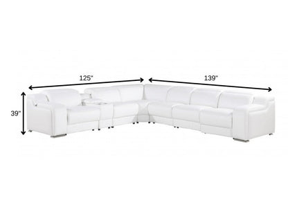 White Italian leather 3 power reclining seats L shaped Seven Piece Corner Sectional With Console HomeRoots