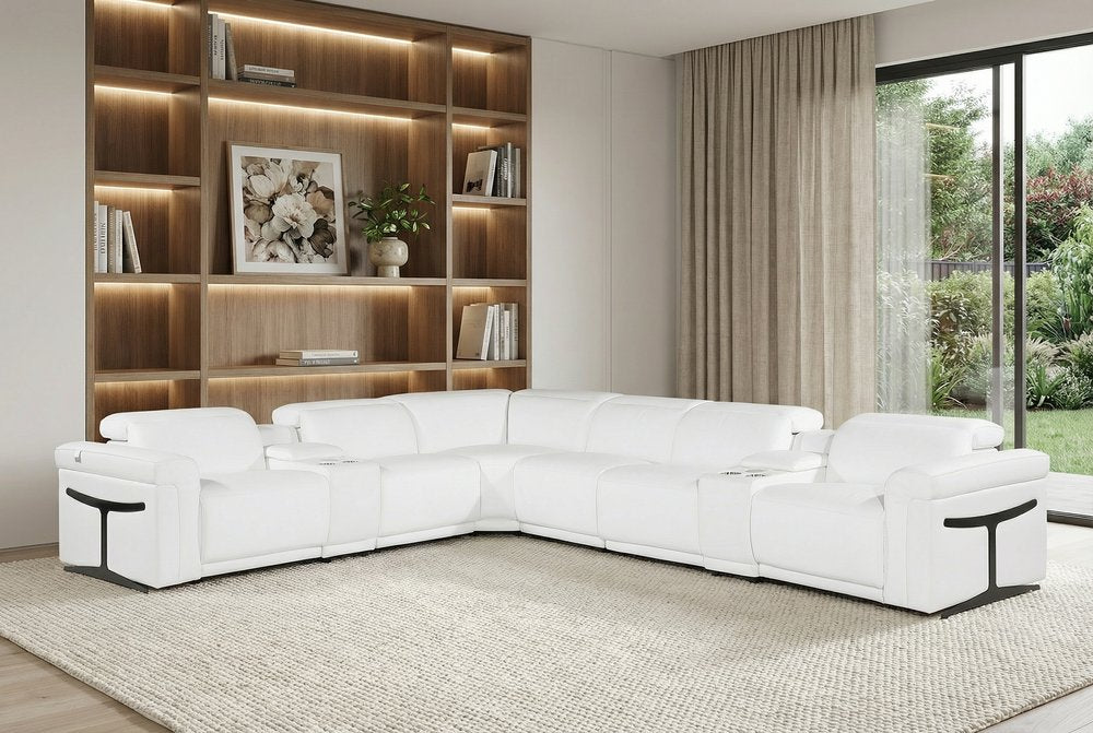 White Italian leather 3 power reclining seats L shaped Seven Piece Corner Sectional With Console HomeRoots