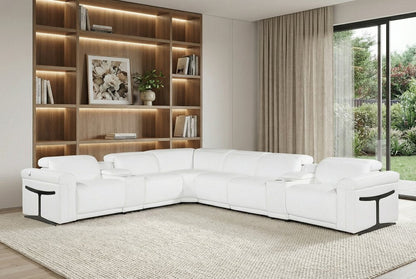 White Italian leather 3 power reclining seats L shaped Seven Piece Corner Sectional With Console HomeRoots