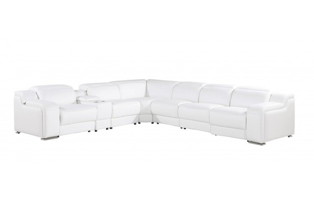 White Italian leather 3 power reclining seats L shaped Seven Piece Corner Sectional With Console HomeRoots
